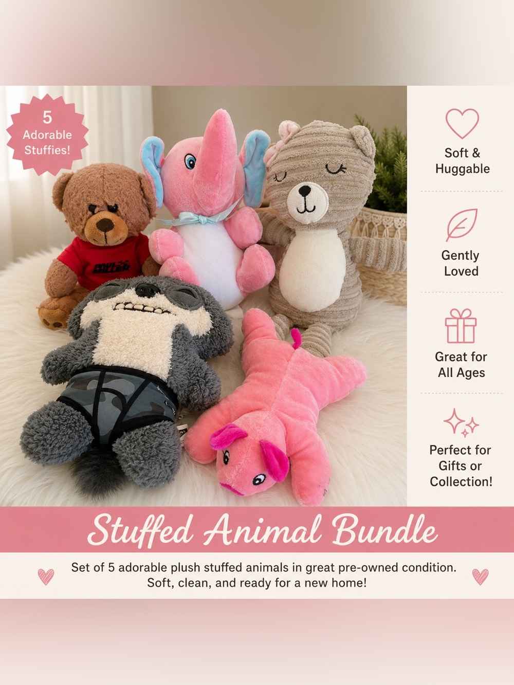 🧸 Plush Stuffed Animal Bundle – 5 Adorable Stuffies